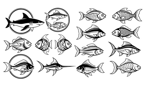 Black White Fish Symbols Shark Emblem Decorative Vector Set