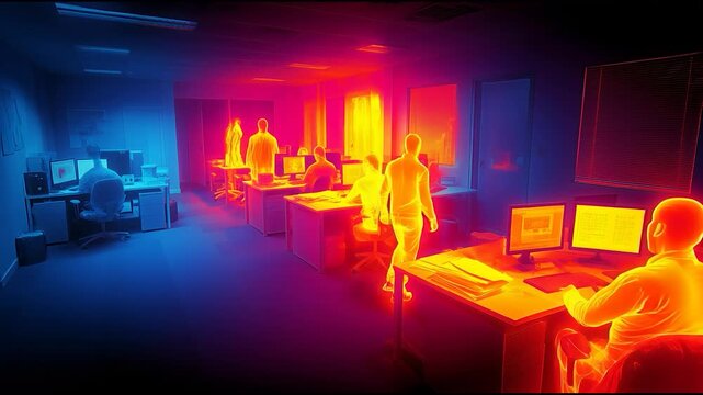 Thermal Imaging View of Office Workplace with Employees Highlighted in Heat Map Colors