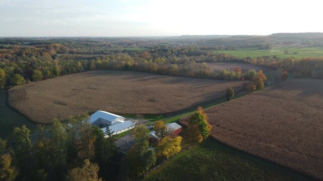 Aerial view of the Cheltenham area, a rural community within the town of Caledon, Ontario, Canada. Shot by a drone on an autumn afternoon.