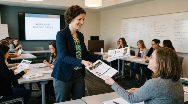 A woman in a classroom setting, handing out papers to students.