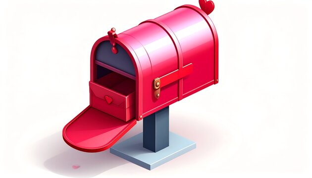 A 3D illustration of a vibrant red mailbox, open to reveal an envelope within. It sits on a post with a decorative heart