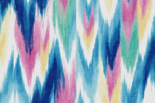 Bright, watercolor-like zigzags with blue, pink, green and yellow hues on a textured white base