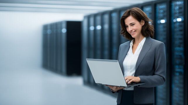 Tech Savvy Professional at Work: A poised woman, dressed in a business suit, navigates a laptop within a modern server room, underscoring her proficiency and expertise in technology.
