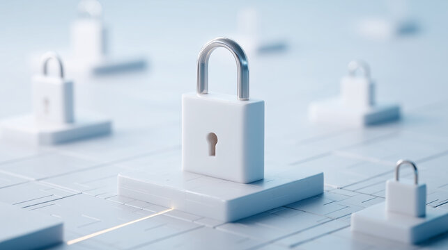 Digital Fortress: A secure digital landscape comes alive, with gleaming padlocks poised, forming a visual testament to robust security and data protection.