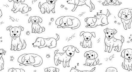 Obraz premium Cute Dog Doodles Pattern, Hand-Drawn Puppy Illustrations, Seamless Background