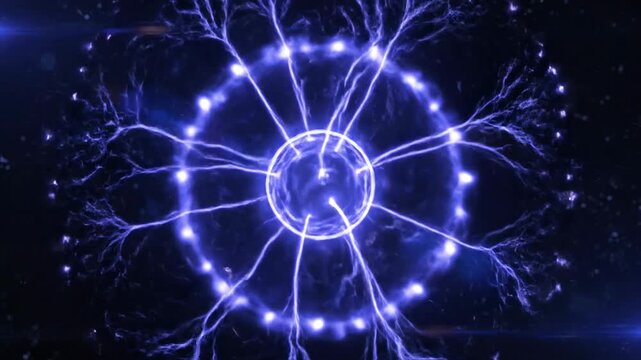 Abstract blue energy plasma sphere with radiating electric arcs and particles in dark space