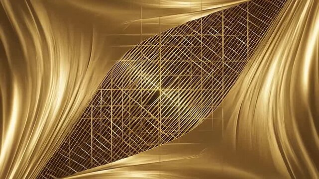 Abstract golden metallic waves with a central geometric grid