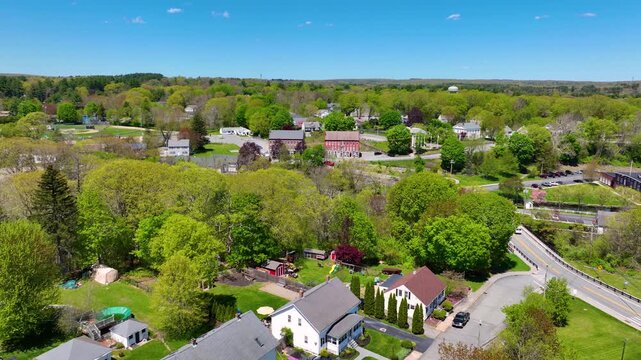 Historic residential houses aerial view on Greene Street in historic village of Slatersville, town of North Smithfield, Rhode Island RI, USA. 