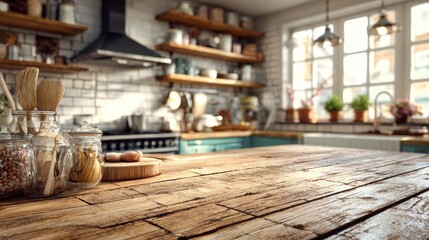 Fototapeta premium Minimalist kitchen with empty countertop, blurred background and soft natural light creating calm and clean modern interior with spacious composition and serene atmosphere.