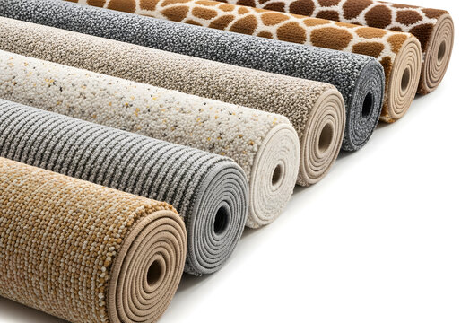 A collection of rolled up carpets in various neutral colors and patterns