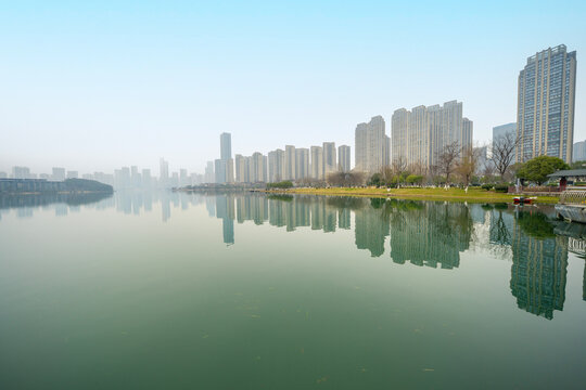 Cityscape in Meixi Lake in Changsha, Hunan, China