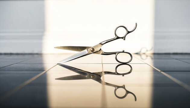 Scissors on reflective surface with light.
