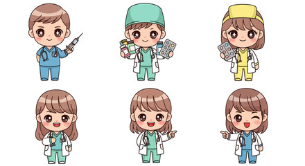 Obraz premium Adorable chibi-style doctor characters in various poses and expressions, ideal for medical apps, children’s content, and healthcare illustrations.