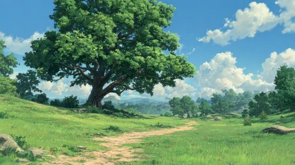 Obraz premium Vibrant Summer Landscape with a Large Majestic Oak Tree and a Winding Path Through Rolling Green Hills Under a Bright Blue Sky with Fluffy White Clouds and Lush Wildflowers Bathed in Warm Sunlight