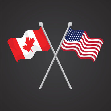 Canada and United States of America friendship crossed flags featuring maple leaf and national banners