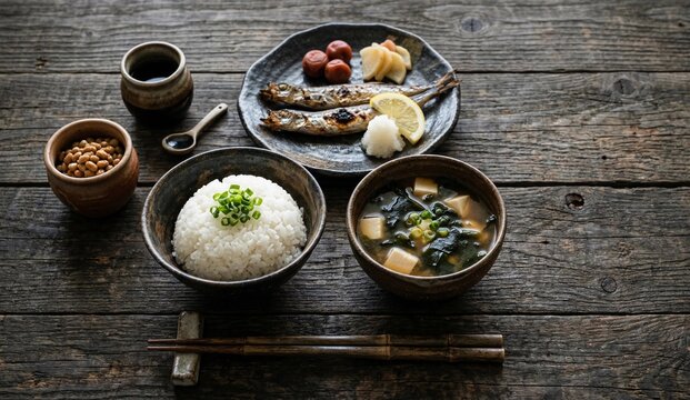 Top view flat lay of a complete traditional Japanese Ichiju-sansai breakfast with Natto, rice, miso soup, and grilled fish, in correct plating etiquette on a weathered rustic wooden desk
