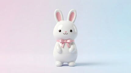 Fototapeta premium Cute glossy white bunny figurine with pink bow on pastel gradient background