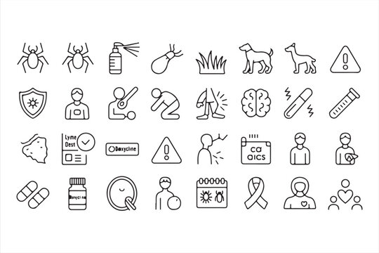 Lyme Disease Awareness Icons with Tick, Fever and Antibiotic Treatment