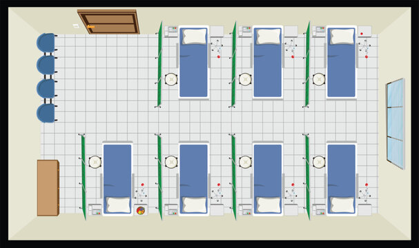 Hospital General Ward Above Room Pation Bad Medical Care For Wall Architecture Design Top View Vector
