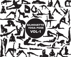 Obraz premium Black Silhouette Yoga Poses Collection International Yoga Day Fitness Set Vector