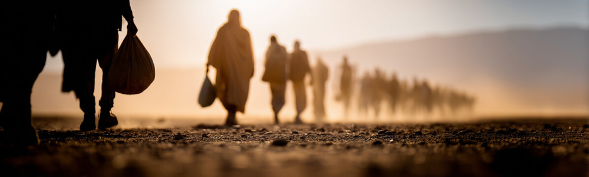 Pilgrimage Under the Sunset: A line of devoted pilgrims progresses on a dusty road at sunset, each carrying the weight of their spiritual journey. The landscape suggests a journey of faith.