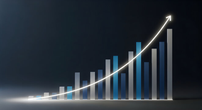 A glowing financial bar chart showing steady growth with an upward trend line against dark background