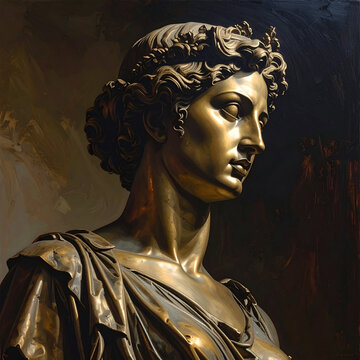 An ancient marble sculpture of a Greek goddess wearing a golden crown and wielding a sword depicts the classical beauty and stone craftsmanship of a Roman lady in this antique bust