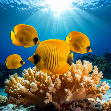 A colorful variety of exotic tropical fish swim through a vibrant coral reef in the deep blue Egyptian sea, showcasing diverse marine wildlife in a stunning underwater saltwater nature scene