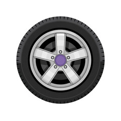 Fototapeta premium A silver alloy wheel with a black tire on a solid black background