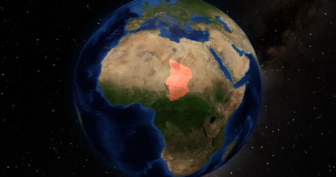 Chad on the Globe. Zoom into the country with the Earth spinning in space. High detail physical world map with Chad on it. Country view animation. Elements of this image furnished by NASA.