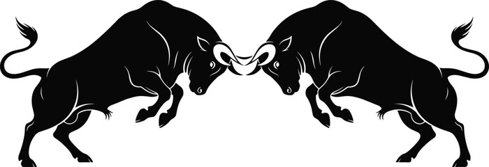 Two powerful bull silhouettes fighting with horns locked in a fierce head-to-head battle representing strength, energy, and bull market finance. © Sabbir's World