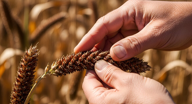 Farmer hands inspecting mature milo crop in field