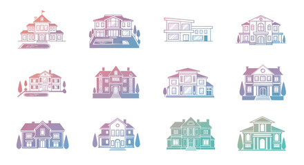 Set of modern and classic house illustrations with gradient color scheme © swee