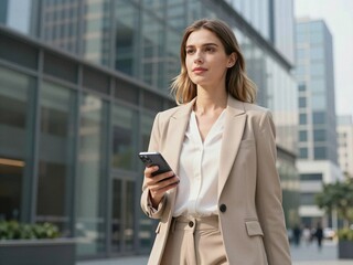Fototapeta premium Confident businesswoman holding smartphone in modern city office district