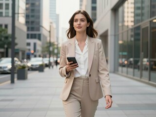 Fototapeta premium Confident businesswoman holding smartphone in modern city office district