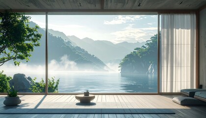 Fototapeta premium Serene room overlooking a tranquil misty lake surrounded by lush green mountains visible through a large window. Soft light & zen