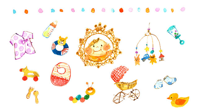 赤ちゃんとベビー用品の水彩イラストセット　出産祝い・育児のベクター素材
Watercolor baby items and cute infant set for newborn celebration