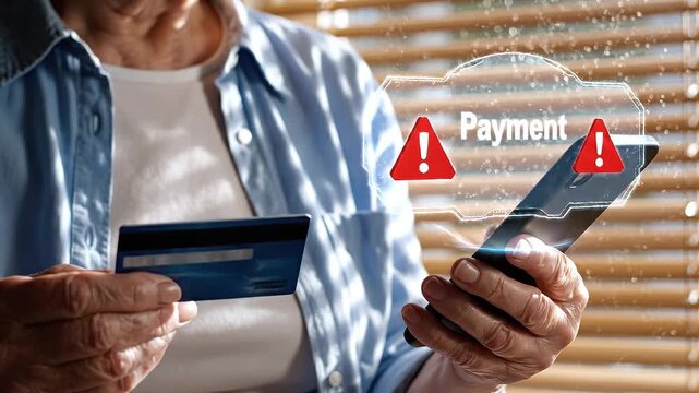 Close-up of an elderly person holding a credit card and smartphone displaying a digital animated payment transaction failure warning sign