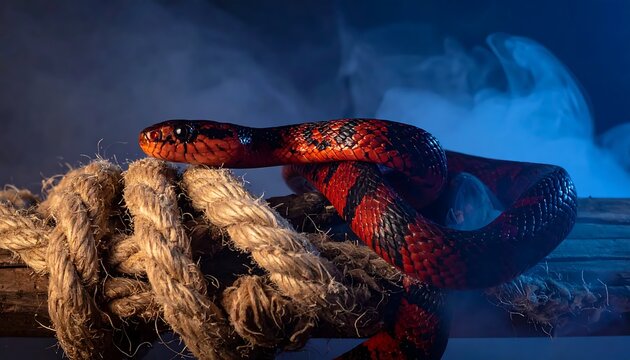 A red snake coiled around a rope with smoke in the background