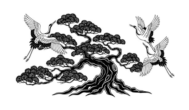 Decorative Bonsai Tree and Crane Birds Japanese Art Vector Design