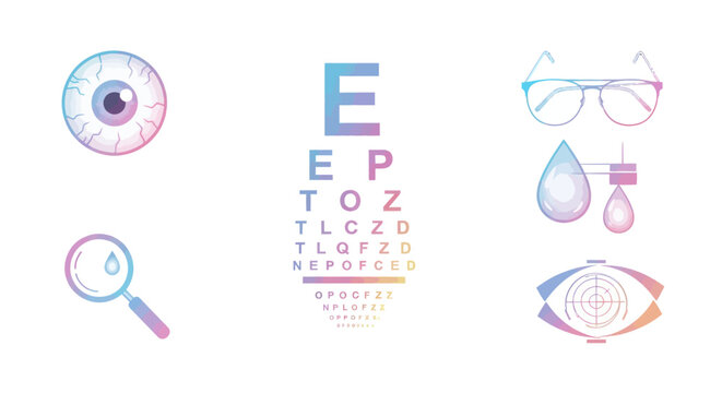 Eye Health and Vision Care Icons: Optometry, Eyeball, Glasses, Eye Chart, Magnifying Glass