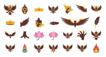 Obraz premium Mythical Garuda Icons Collection: Wings, Crowns, Feathers, Lotus, Fire, Claws