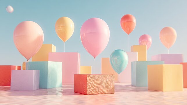 Pastel colored geometric shapes and floating balloons create a dreamlike scene against a light blue sky
