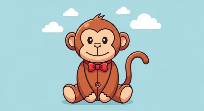 Cute Cartoon Monkey Sitting with Bow Tie.