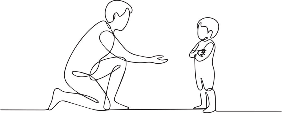 Continuous one line drawing of a father talking to his small son. Minimalist linear vector illustration of parenting, discipline and child upbringing concept.