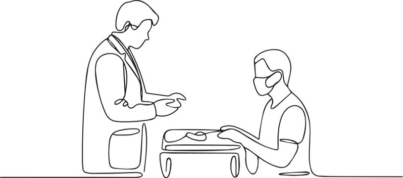 Continuous one line drawing of a doctor and medical assistant preparing for surgery. Surgeon in face mask taking surgical instrument. Minimalist linear vector illustration of healthcare and medical pr