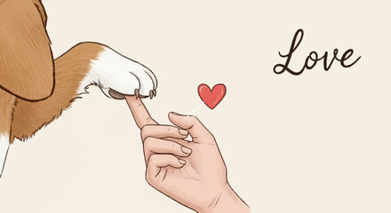 Human finger touching dog paw with heart and love text. © kambali