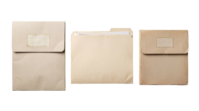 Vintage manila envelopes and file folder with papers, isolated on a transparent background.
