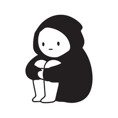 Fototapeta premium Minimalist Doodle of Sad Lonely Person Wearing a Hoodie Sitting in Fetal Position 