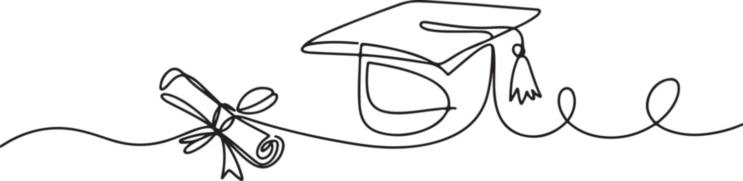 Continuous line art or One Line Drawing of graduation students card concept congratulation card. One line draw graphic design vector